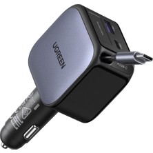 UGREEN 60W USB-C Makaralı Dahili Kablolu Hızlı Araç Çakmaklık Şarj Cihazı, 1x USB-C 1x USB-A, 55212B