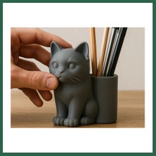 Vintessy Vıntessy 3D Baskı Kedi Figürlü Kalemlik - Masaüstü Organizer - Gri BZS01