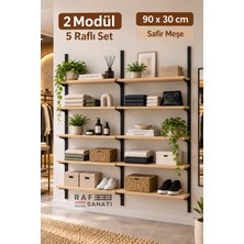 Raf Sanatı 2 Modül 90X30 cm 10 Raflı Geniş Mağaza Duvar Rafı Konik Dikme Sistem Safir Meşe Suntalam
