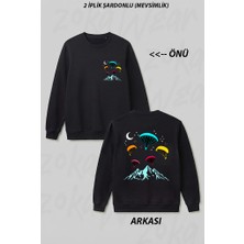 Zoka Wear Yamac Parasutu - Paragliding Baskili Unisex Siyah Tisort Ön Arka Baskılı Bisiklet Yaka Sweatshirt