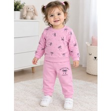 Bubiee Baby Kız Çocuk Pamuklu Pembe Sevimli Fiyonk Desenli Rahat Kalıp 2 Iplik Eşofman Takım Alt Üst Takım