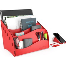 Tr Wavy Masaüstü Organizer A4 Kağıt Kalemlikli Evrak Rafı Mini Kitaplık (Kırmızı)