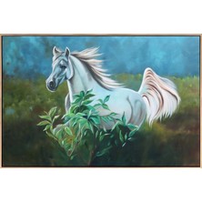 Simurg Sanatevi Beyaz Atın Koşusu Yağlı Boya Tablosu - Tuval Üzerine El Yapımı - 120 x 80 cm