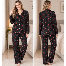 Lindros Önden Düğme Detaylı Süet Yıldızlı Pijama Takımı