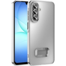 Acex Samsung Galaxy A17 Uyumlu Standlı Kılıf – Metalik Çerçeveli, Kamera Korumalı, Mat Şeffaf Arka Kapaklı, Darbeye Dayanıklı Telefon Kılıf