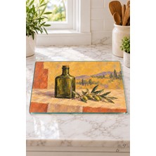 Zeytinyağı ve Zeytin Dalı — 25 × 35 cm Tekli Cam Kesme ve Servis Tahtası