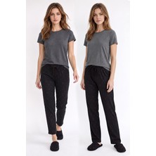 Kompedan Kadın Süet Siyah Kalp Desen Pijama Tek Alt