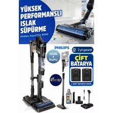 Philips Çift Bataryalı Yeni 9000 Serisi Aquatrio Kablosuz Dikey Süpürge, Hibrit Güç Motorlu, Otomatik Temizleme ve Şarj Istasyonu​, Aquaspin Başlık + Tiftik Cihazı(Onerous)