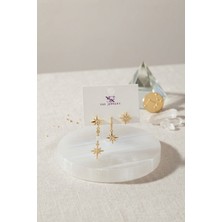 Onba Pirinç Gold Renk Zirkon Taşlı Kutup Yıldızı Model Kadın Küpe Seti 5886 - OB9596-6449