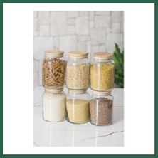 Vintessy Vıntessy 6 Lı Set Bambu Kapaklı Cam Kavanoz & Erzak Saklama Kabı 800 ml Orta Boy ( Vakum Kapak ) BZS01