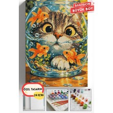 Corvo Sayılarla Boyama Hobi Seti Çerçeveli Numaralı Tuval Fırça Boya Askı Aparatı Dahil 50X70 cm - Balıklar ve Şaşkın Kedi