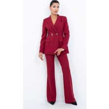 Dorne Moda Kadın Dantel Detaylı Gold Düğmeli Blazer Ceket Pantolon Ikili Takım