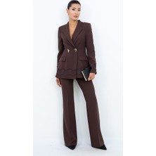 Dorne Moda Kadın Dantel Detaylı Gold Düğmeli Blazer Ceket Pantolon Ikili Takım