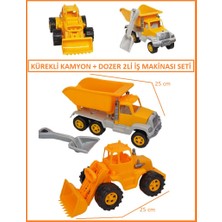 Oyuncak Sahili Inşaat Yol Çalışması Işmakinası Seti 2 Adet Birden Dozer Kürekli Kamyon Kum Kamyonu ve Kepçe Excavator 25 cm Sağlam Malzeme