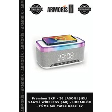 Armoris Premium Skp - 26 Lason Işıklı Saatli Wireless Şarj - Hoparlör - Füme Şık Yatak Odası Ev