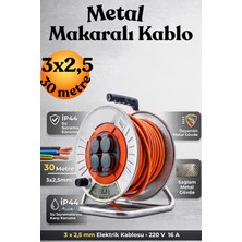 Kayra Leather Craft Klc 3x2.5 mm Cca Kablo 30 Metre Makaralı Seyyar Kablo Kapaklı 4 Prizli Metal Uzatma Kablosu