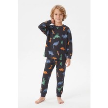 Bunny Hopp %100 Pamuk Süprem Erkek Çocuk Pijama Takımı Füme Renkli Dinozor Desenli Penye Uyku Seti