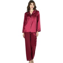 Şık Tasarım Yumuşak Dokulu Biyeli Önden Düğmeli Bordo Ikili Saten Gecelik Pijama Takımı