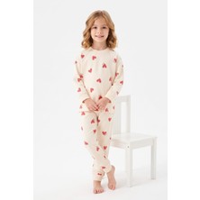 Bunny Hopp %100 Pamuk Süprem Kız Çocuk Pijama Takımı Krem Kırmızı Kalp Desenli Penye Uyku Seti