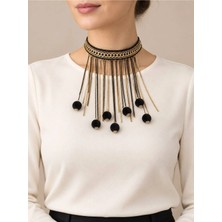 Keskin Aksesuar Kadın Siyah Ponpon Detaylı Gold Sarkıt Zincirli Choker Kolye