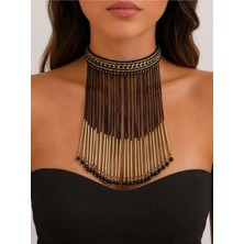 Keskin Aksesuar Siyah Zincir Püsküllü Gold Metal Detaylı Taşlı Kadın Choker Kolye