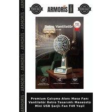 Armoris Premium Çalışma Alanı Masa Fanı Vantilatör Retro Tasarımlı Masaüstü Mini USB Şarjlı Fan F49 Yeşil