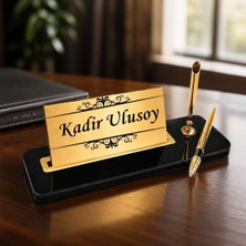 Hediye Vakti Motifli Lüks Masa Isimliği - Kalemli Kişiye Özel Ofis Masa Seti Siyah Gold