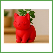 Bezos 3D Baskı Sevimli Kedi Saksı - Figürlü Sukulent Saksısı-Kırmızı Mgc