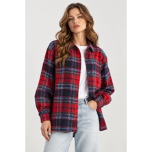 Mevese Kadın Kışlık Kalın Oduncu Gömlek Oversize Kareli Casual Gömlek- Kırmızı-Lacivert