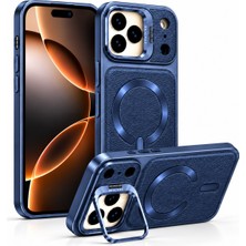 CoverZone iPhone 16 Pro Max ile Uyumlu Magbracket Deri Görünümlü Standlı Kılıf, Katlanabilir Kamera Standı, Magsafe ile Uyumlu Manyetik Halka, Yükseltilmiş Lens Koruma, Sert Plastik Lacivert