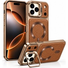 CoverZone iPhone 17 Pro Max ile Uyumlu Magbracket Deri Görünümlü Standlı Kılıf, Katlanabilir Kamera Standı, Magsafe ile Uyumlu Manyetik Halka, Yükseltilmiş Lens Koruma, Sert Plastik Kahverengi