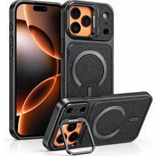 CoverZone iPhone 14 ile Uyumlu Magbracket Deri Görünümlü Standlı Kılıf, Katlanabilir Kamera Standı, Magsafe ile Uyumlu Manyetik Halka, Yükseltilmiş Lens Koruma, Sert Plastik Siyah