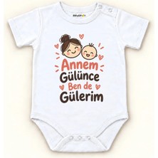 Babylimon Annem Gülünce Ben De Gülerim Beyaz Kısa Kollu Çıtçıtlı Bebek Zıbını