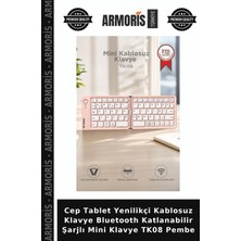 Armoris Cep Tablet Yenilikçi Kablosuz Klavye Bluetooth Katlanabilir Şarjlı Mini Klavye TK08 Pembe