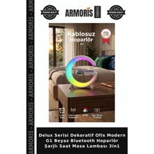 Armoris Delux Serisi Dekoratif Ofis Modern G1 Beyaz Bluetooth Hoparlör Şarjlı Saat Masa Lambası 3in1