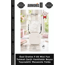 Armoris Özel Üretim F-05 Mini Fan Tutmalı Şarjlı Vantilatör Beyaz Taşınabilir Masaüstü Yolda