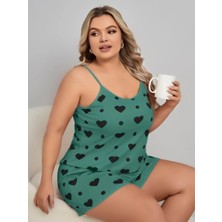 Senoramoda Büyük Beden Yeşil Kalp Desen Pamuklu Şortlu Pijama Takımı