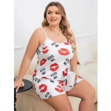 Senoramoda Büyük Beden Kiss Me Öpücük Desen Pamuklu Şortlu Pijama Takımı
