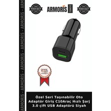 Armoris Özel Seri Taşınabilir Oto Adaptör Giriş C10ARAÇ Hızlı Şarj 3.0 Çift USB Adaptörü Siyah
