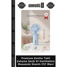 Armoris Premium Konfor Tatil Çalışma Şarjlı El Vantilatörü Masaüstü Stantlı F57 Mavi