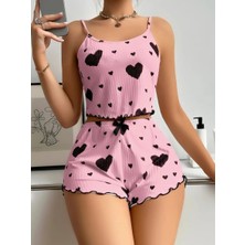 Senoramoda Pamuklu Pembe Üstüne Siyah Kalp Desenli Askılı Fitilli Şortlu Pijama Takımı
