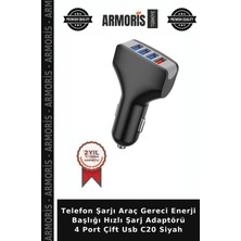 Armoris Telefon Şarjı Araç Gereci Enerji Başlığı Hızlı Şarj Adaptörü 4 Port Çift USB C20 Siyah
