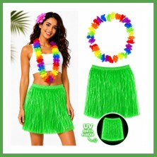 Bezos Neon Yeşil Hawaii Etek 40 cm ve Rengarenk Hawaii Kolye Mgc