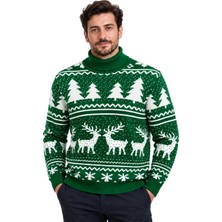 Battal Moda Benetton Rengi Geyik Desenli Balıkçı Yaka Yılbaşı Kazağı M-L-Xl-2xl