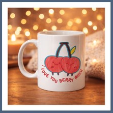 Bezos I Love You Berry Much Tasarımlı Kupa Model 12 Sevimli Kiraz Desenli Porselen Kahve Kupası - Hediye Fincanı BZS10