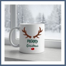 Bezos Merry Christmas Yazılı Geyik Boynuzlu Yılbaşı Kupası Model 212 Baskılı Seramik Kahve Kupası BZS10
