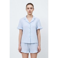 Kadın Premium Fırfırlı Mavi Pijama Takımı