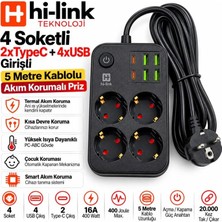 Antenci Hi-Link 4 Soketli 2xtype-C +4xusb Girişli 5 Metre Kablolu Akım Korumalı Priz