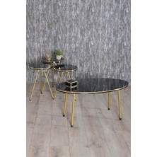 Odera Çift Bendir Siyah Mermer Desenli Elips Orta Sehpa ve Zigon Sehpa 4'lü Set Metal Ayaklı Retro Modern Salon Sehpası