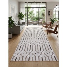 Nesrin Kaymaz Jel Taban Modern Geometrik Desenli Yolluk Yıkanabilir Koridor Mutfak Halısı Gri Bej